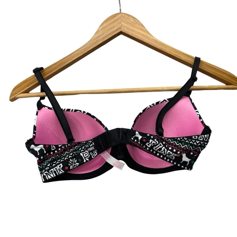 Victoria's Secret PINK Womens Bra 32C Black Fair Isle Christmas Lightly Lined